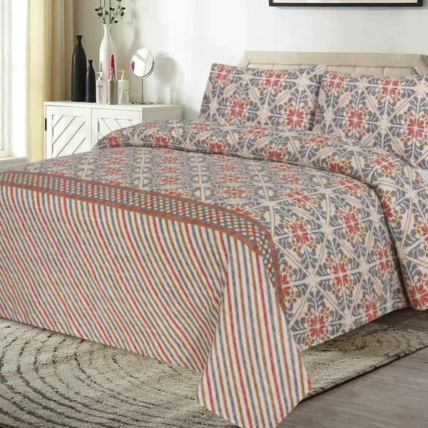 3 PCS PRINTED 100%COTTON KING SIZE BED SHEET- Border Design